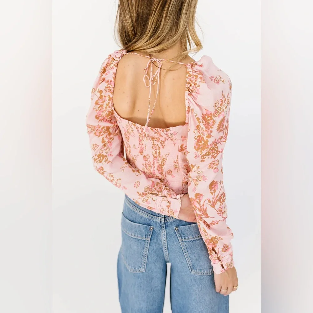 Free People‎ Hilary Floral Printed Long Sleeve Top Pink Womens Size Small